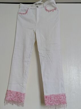 Ricci Andrist Italy Beaded Fringe White Jeans Pink Y2K Coquette 44 Boutique